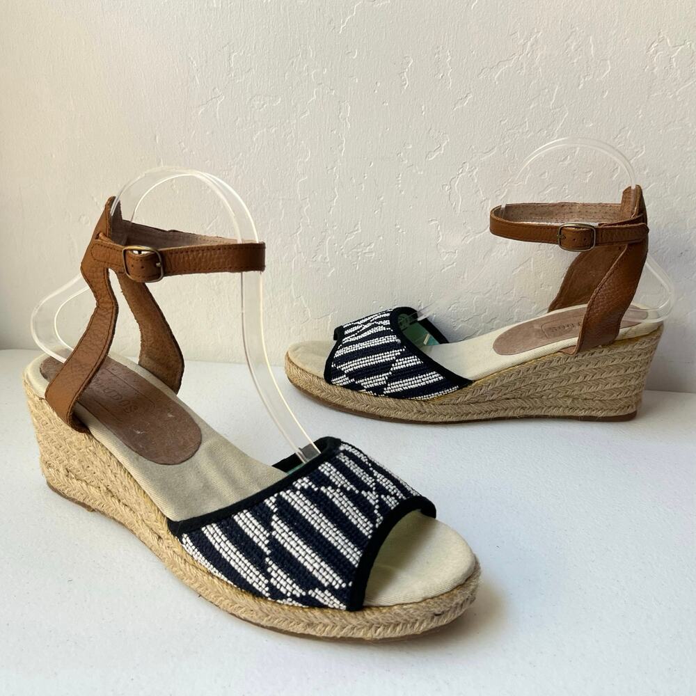 Soludos Woven Beaded Espadrille Wedge Sandals Open Toe Resortwear Navy Size 9